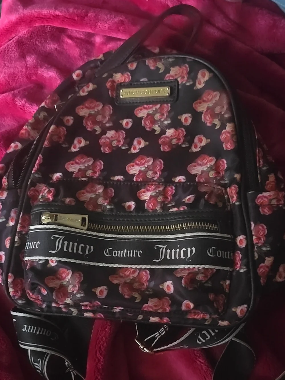 Juicy Couture Black Mini Backpack with Pink Rose Print